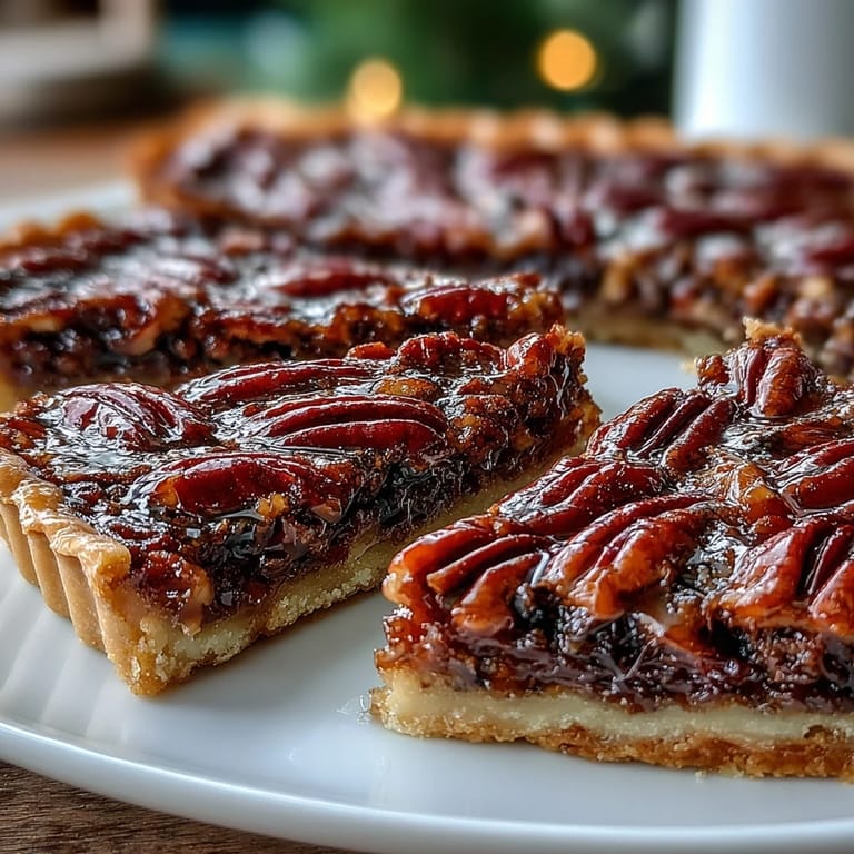 Decadent chocolate bourbon pecan tart slices topped with crunchy pecans and a hint of Southern bourbon aroma.