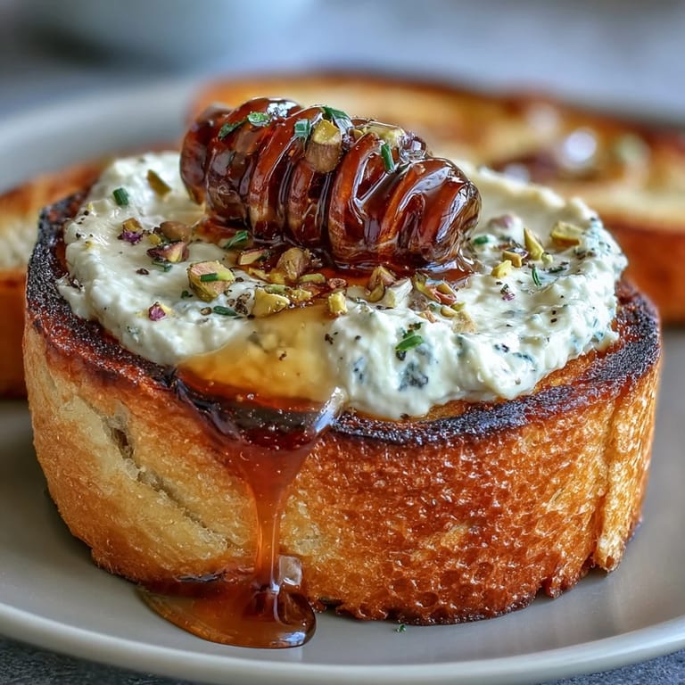 Golden toasted baguette with fluffy Whipped Ricotta, sweet honey, and nuts.