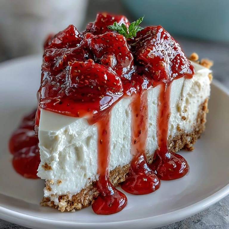 Decadent no-bake strawberry cheesecake, a smooth dessert topped with sauce.