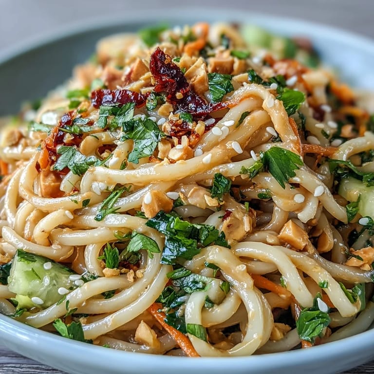 Delicious Thai Peanut Noodle Salad photo showing colorful ingredients tossed together.