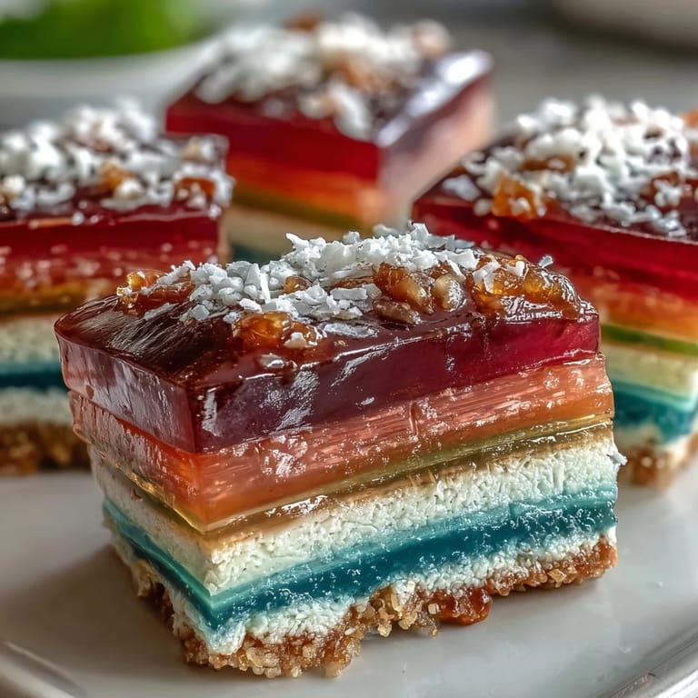 Refreshing Agar-Agar Rainbow Jelly Cake dessert, showcased with luscious coconut cream topping.