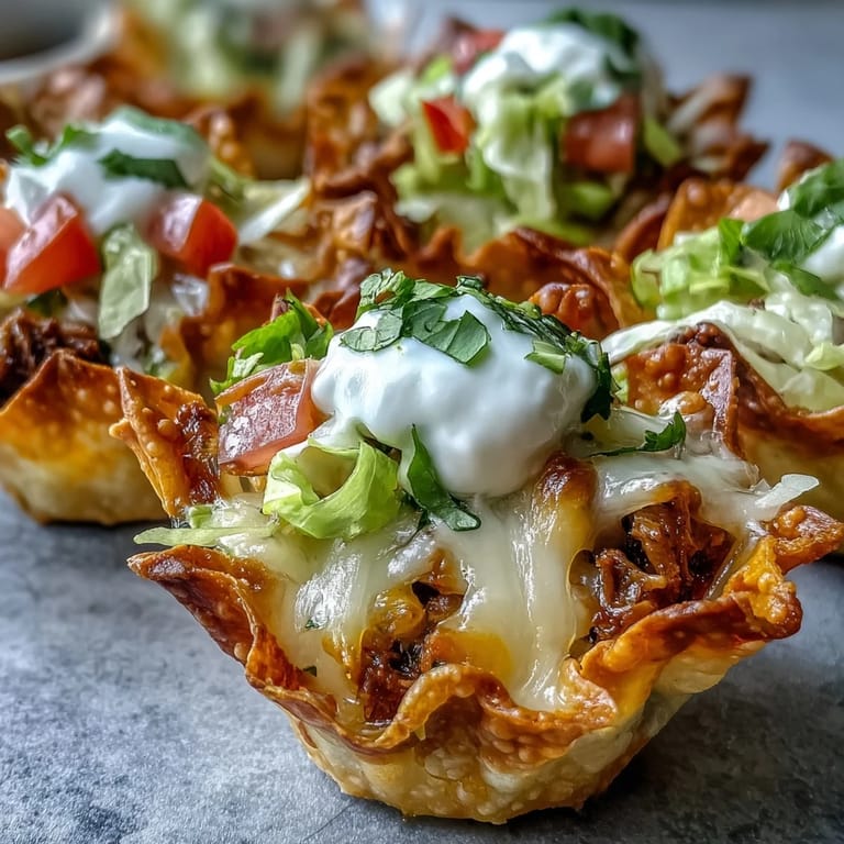 Easy wonton-wrapped mini taco cups, a delicious appetizer with melted cheesy goodness.