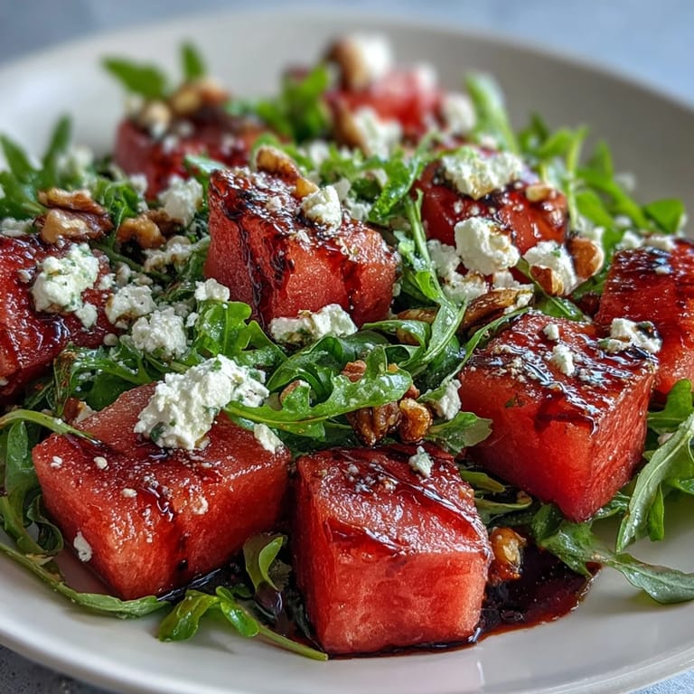 Refreshing Watermelon Feta Arugula Salad on platter, ready to enjoy.