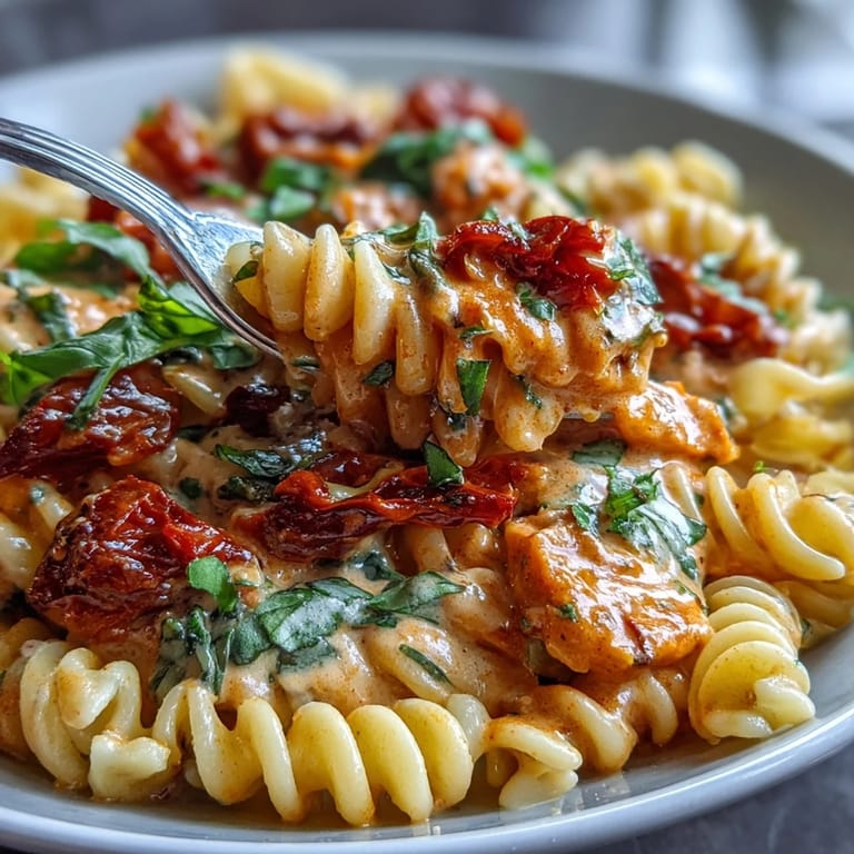Savory one-pot creamy tomato basil pasta, cheesy and topped with vibrant, fresh basil leaves.