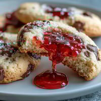 Fresh strawberry jam thumbprint cookies with vibrant red filling and golden edges, perfect for afternoon tea or holiday cookie trays.