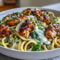 Creamy Lemon Orzo with Chicken and Spinach in a skillet, garnished with fresh parsley and Parmesan cheese.