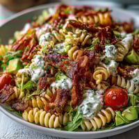 BLT Pasta Salad with Bacon and Avocado in a creamy dressing, topped with crisp romaine and cherry tomatoes.