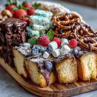 Celebrate graduation with this vibrant dessert board featuring cake slices, cookies, and brownie bites, garnished with fresh berries and sprinkles.