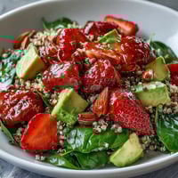 Vibrant strawberry avocado quinoa salad with juicy berries, creamy avocado, and citrus dressing in a white bowl.  