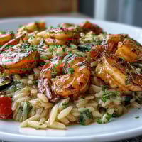 Vibrant one-pan lemon butter shrimp and orzo with juicy shrimp, tender orzo, and fresh zucchini in a zesty lemon sauce.