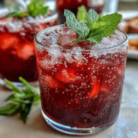 A vibrant glass of sparkling hibiscus mint lemonade with fresh mint garnish and lemon slices.  