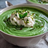 A vibrant bowl of spring pea soup topped with airy whipped ricotta and fragrant mint oil for a fresh, seasonal meal.