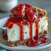 Creamy no-bake strawberry cheesecake with buttery graham crust ready to slice.
